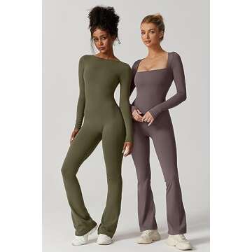 QINSEN Womens Sexy Open Back Long Sleeve Flared Bottom Pants Romper Bodycon Jumpsuit