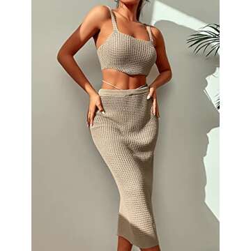 SheIn Women's Knitted Cover Up Set Two Pieces Sleeveless Tank Crop Top and Split Tie Back High Waist Midi Skirt Khaki Small