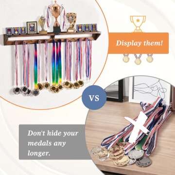 Lavievert Gymnastic Medal Hanger with Storage Shelf, Wooden Wall-Mounted Trophy Shelf, Race Medal Display Rack Holder with 23 Hanging Bars - Brown