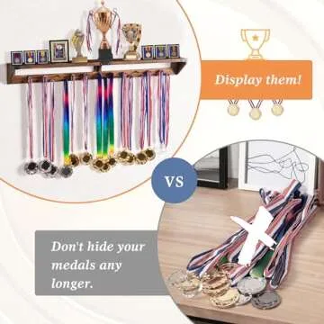 Lavievert Gymnastic Medal Hanger with Storage Shelf, Wooden Wall-Mounted Trophy Shelf, Race Medal Display Rack Holder with 23 Hanging Bars - Brown