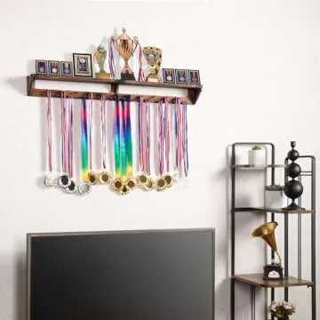 Lavievert Gymnastic Medal Hanger with Storage Shelf, Wooden Wall-Mounted Trophy Shelf, Race Medal Display Rack Holder with 23 Hanging Bars - Brown