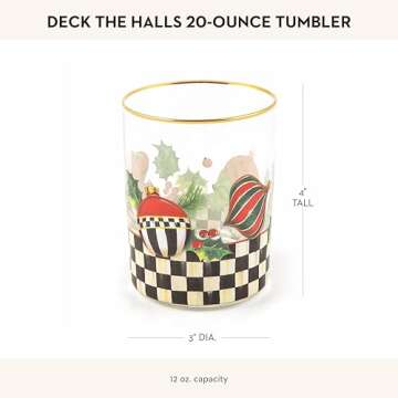 MACKENZIE-CHILDS Deck the Halls Tumbler Glasses, Holiday Tumbler Drinkware, Christmas Glassware, 12 Ounces, Set of 4