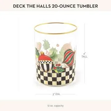 MACKENZIE-CHILDS Deck the Halls Tumbler Glasses, Holiday Tumbler Drinkware, Christmas Glassware, 12 Ounces, Set of 4