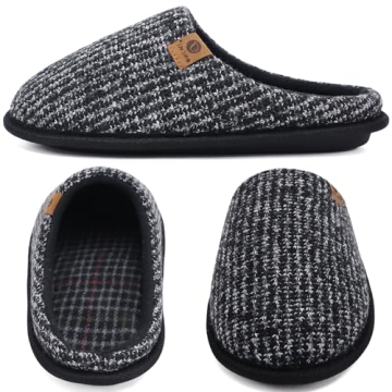 ONCAI Mens Black Knit Stripes Cozy Memory Foam scuff Slippers Slip On Warm House Shoes Indoor/Outdoor With Best Arch Surpport Size 10