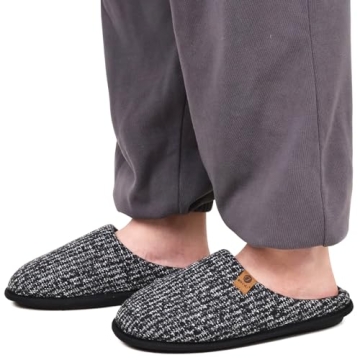 ONCAI Mens Black Knit Stripes Cozy Memory Foam scuff Slippers Slip On Warm House Shoes Indoor/Outdoor With Best Arch Surpport Size 10
