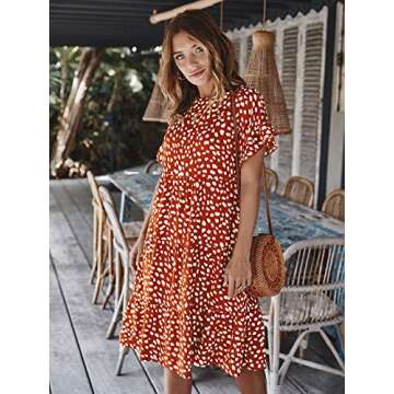 ECOWISH Women's Polka Dot Dress Ruffle Sleeves Boho Pleated Swing Blouse Dresses Orange Medium