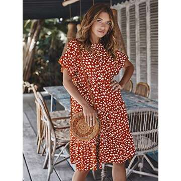 ECOWISH Women's Polka Dot Dress Ruffle Sleeves Boho Pleated Swing Blouse Dresses Orange Medium