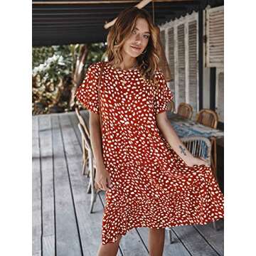 ECOWISH Women's Polka Dot Dress Ruffle Sleeves Boho Pleated Swing Blouse Dresses Orange Medium