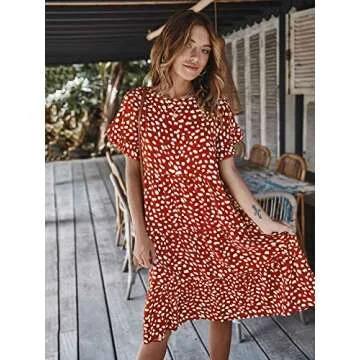 ECOWISH Women's Polka Dot Dress Ruffle Sleeves Boho Pleated Swing Blouse Dresses Orange Medium