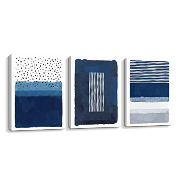 Creoate Blue Canvas Wall Art for Living Room Decor – 3 Pieces Abstract Blue and White Painting Can...