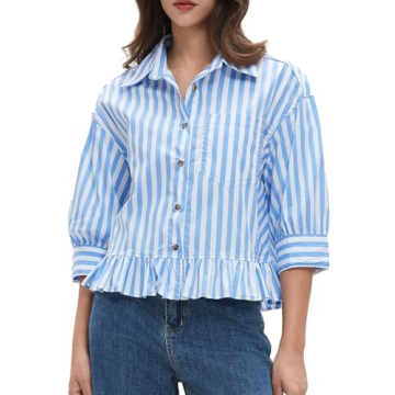 EZAPINE Womens Oversized Button Down Striped Shirts Peplum Ruffle Hem 3/4 Sleeve Babydoll Blouse Top...