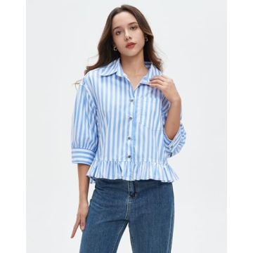 EZAPINE Womens Oversized Button Down Striped Shirts Peplum Ruffle Hem 3/4 Sleeve Babydoll Blouse Tops with Pocket Blue