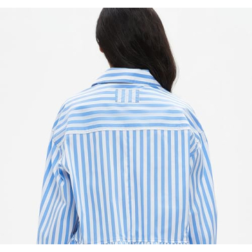 EZAPINE Womens Oversized Button Down Striped Shirts Peplum Ruffle Hem 3/4 Sleeve Babydoll Blouse Tops with Pocket Blue