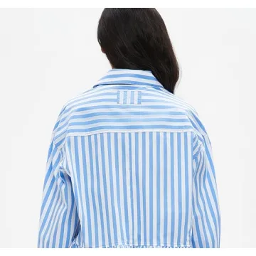 EZAPINE Womens Oversized Button Down Striped Shirts Peplum Ruffle Hem 3/4 Sleeve Babydoll Blouse Tops with Pocket Blue