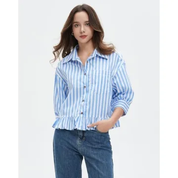 EZAPINE Womens Oversized Button Down Striped Shirts Peplum Ruffle Hem 3/4 Sleeve Babydoll Blouse Tops with Pocket Blue