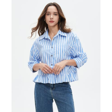 EZAPINE Womens Oversized Button Down Striped Shirts Peplum Ruffle Hem 3/4 Sleeve Babydoll Blouse Tops with Pocket Blue