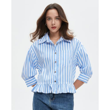 EZAPINE Womens Oversized Button Down Striped Shirts Peplum Ruffle Hem 3/4 Sleeve Babydoll Blouse Tops with Pocket Blue