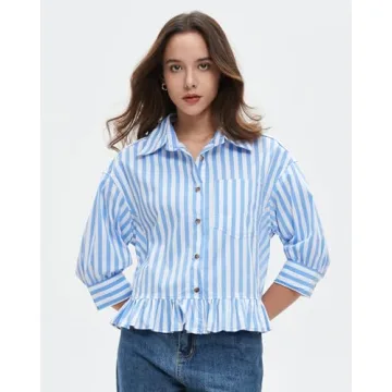 EZAPINE Womens Oversized Button Down Striped Shirts Peplum Ruffle Hem 3/4 Sleeve Babydoll Blouse Tops with Pocket Blue