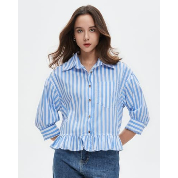 EZAPINE Womens Oversized Button Down Striped Shirts Peplum Ruffle Hem 3/4 Sleeve Babydoll Blouse Tops with Pocket Blue