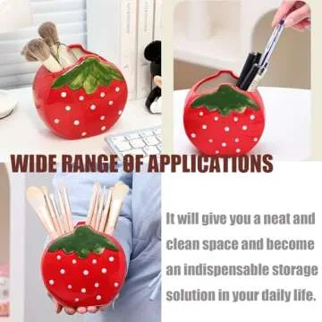 LOTIKOU 1 Pcs Strawberry Ceramic Makeup Brush Holder,Ceramic Strawberry Pencil Holder,Strawberry Makeup Brush Storage Holder,Strawberry Pencil Holder for Desk Strawberry Desk Accessories (Red)