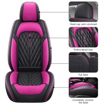 SKUYO Comfortable Leather Auto Car Seat Covers Front & Rear Seat Protector Fit Sedan SUV 5 Seats Full Set Universal Fit. (Black & Rose)