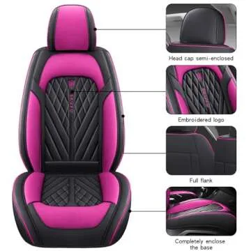 SKUYO Comfortable Leather Auto Car Seat Covers Front & Rear Seat Protector Fit Sedan SUV 5 Seats Full Set Universal Fit. (Black & Rose)