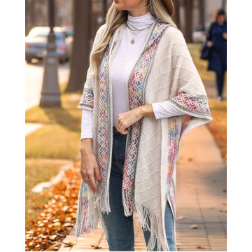 Bsubseach Women's Knit Shawl - Soft Fringe Poncho Cape