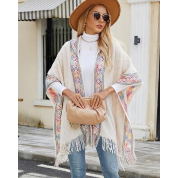 Bsubseach Women's Knit Shawl - Soft Fringe Poncho Cape