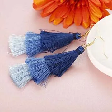FINREZIO Dangle Tassel Blue Earrings for Women
