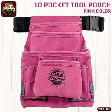 Graintex SS2186 10 Pocket Nail & Tool Pouch Pink Color Suede Leather with 2â€ Webbing Belt for Co...