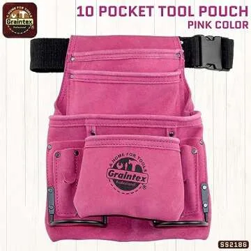 Graintex SS2186 10 Pocket Nail & Tool Pouch Pink Color Suede Leather with 2â€ Webbing Belt for Co...