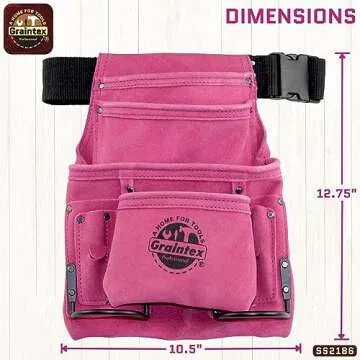 Graintex SS2186 10 Pocket Nail & Tool Pouch Pink Color Suede Leather with 2â€ Webbing Belt for Constructors, Electricians, Plumbers, Handymen