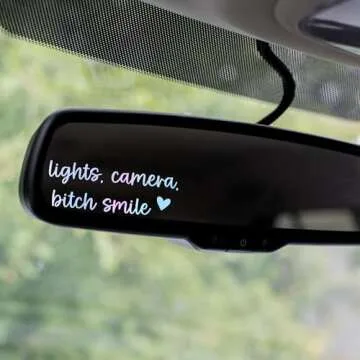 2 x Rear View Mirror Decal - Lights, Camera, Bitch Smile Decal for Car - Positive Affirmation Stickers - Lights Camera B Smile Sticker - Tumbler, Laptop Sticker - Gift for Her (Holographic Opal)