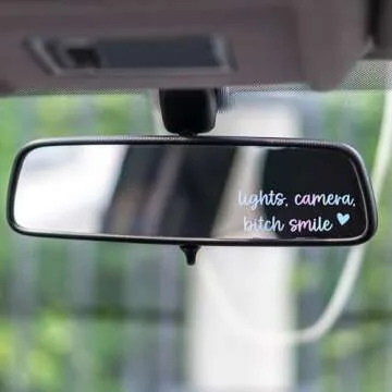 2 x Rear View Mirror Decal - Lights, Camera, Bitch Smile Decal for Car - Positive Affirmation Stickers - Lights Camera B Smile Sticker - Tumbler, Laptop Sticker - Gift for Her (Holographic Opal)