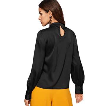 ROMWE Women's Solid Print Elegant Bow Tie Neck Long Sleeve Work Office Blouse Top Black Satin M