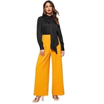 ROMWE Women's Solid Print Elegant Bow Tie Neck Long Sleeve Work Office Blouse Top Black Satin M