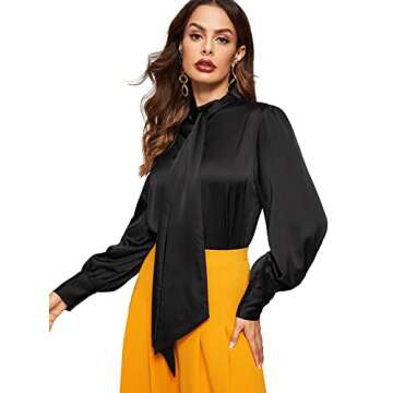 ROMWE Women's Solid Print Elegant Bow Tie Neck Long Sleeve Work Office Blouse Top Black Satin M
