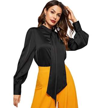 ROMWE Women's Solid Print Elegant Bow Tie Neck Long Sleeve Work Office Blouse Top Black Satin M
