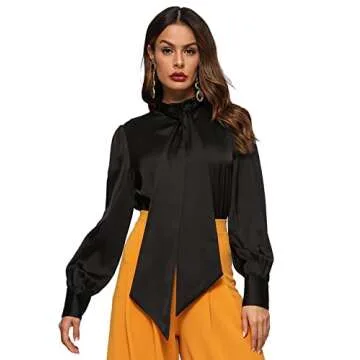 ROMWE Women's Solid Print Elegant Bow Tie Neck Long Sleeve Work Office Blouse Top Black Satin M