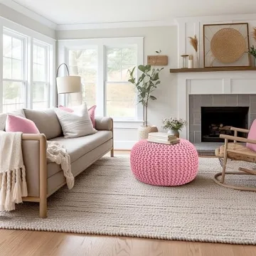 COTTON CRAFT Hand Knitted Round Pouf for Home Decor