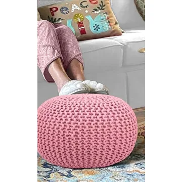 COTTON CRAFT Hand Knitted Round Pouf for Home Decor