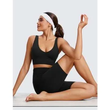 CRZ YOGA Butterluxe Womens V-Neck Longline Sports Bra - U Back Wireless Yoga Low Impact Padded Crop Top Black Medium