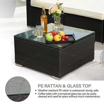 LAUSAINT HOME Outdoor Patio Furniture, 7 Pieces Outdoor Sectional PE Rattan Wicker Patio Furniture Sets, All Weather Backyard Conversation Seat with Cushion and Glass Coffee Side Table (Beige)