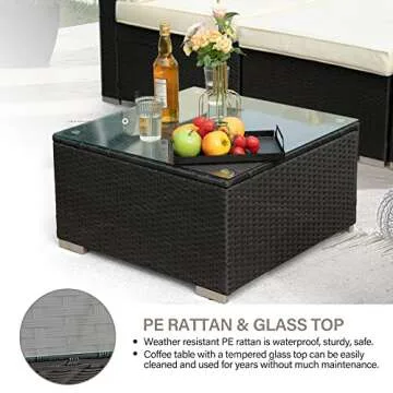 LAUSAINT HOME Outdoor Patio Furniture, 7 Pieces Outdoor Sectional PE Rattan Wicker Patio Furniture Sets, All Weather Backyard Conversation Seat with Cushion and Glass Coffee Side Table (Beige)