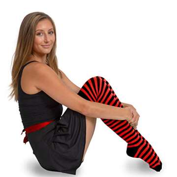 Skeleteen Black & Red Striped Thigh High Socks for All