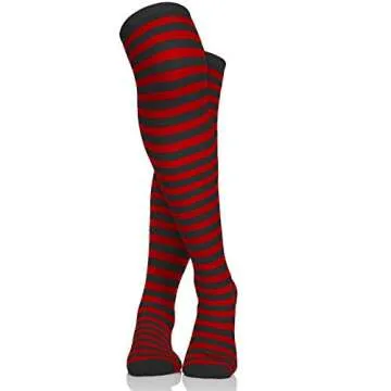 Skeleteen Black & Red Striped Thigh High Socks for All