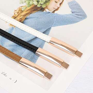 SUOSDEY Women Brown Dress Belt Skinny Patent Leather Belt with Gold Buckle Fashion Thin Waist Belt Elegant Belt,brown,24-38