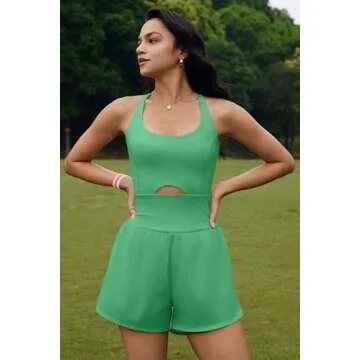 ReachMe Womens Workout Athletic Romper Running Onesie Workout One Piece Jumpsuits Gym Outfit with Pockets(Lime Green,S)