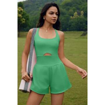ReachMe Womens Workout Athletic Romper Running Onesie Workout One Piece Jumpsuits Gym Outfit with Pockets(Lime Green,S)