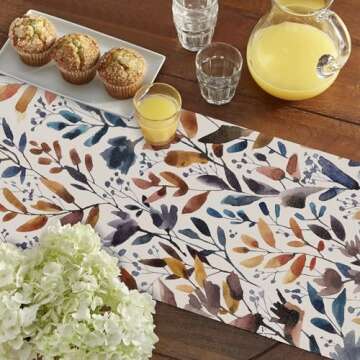 Winter Table Runner 72 Inches Long,Watercolor Flowers Leaves Table Runner,Holiday Floral Decorations for Party,Fall Thanksgiving Rustic Farmhouse Decor for Kitchen Dinner Home Dining Table